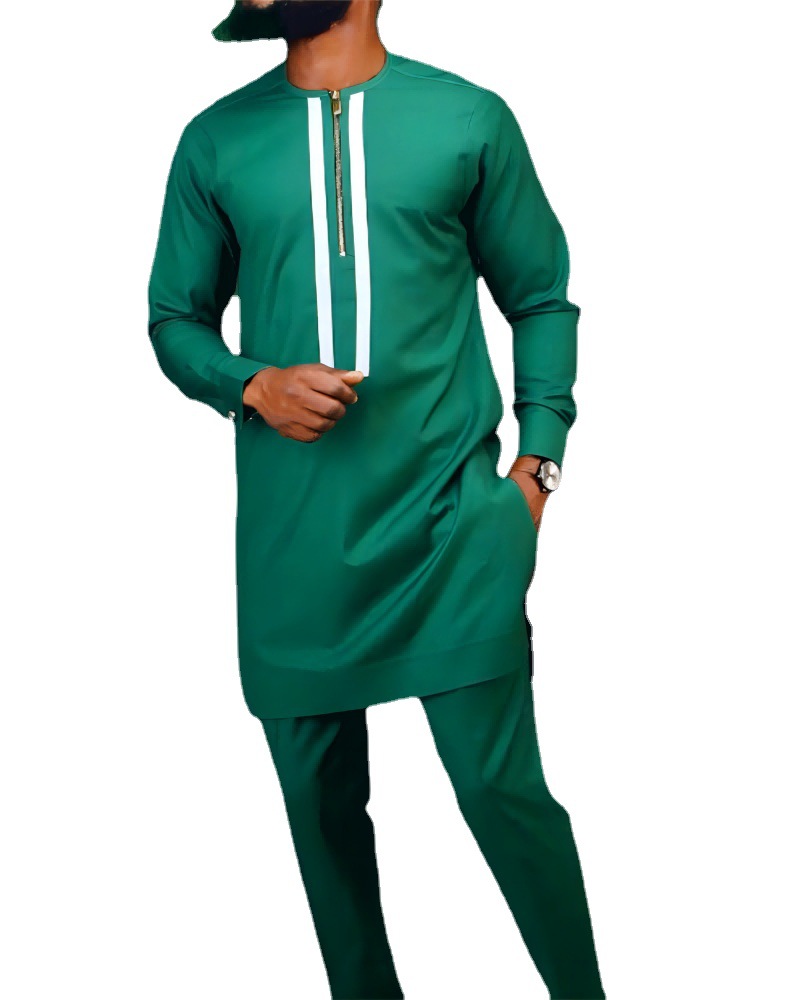 2023 New AliExpress Amazon African Ethnic Style Solid Color Men's Crewneck Suit Zipper Set 2 Pieces