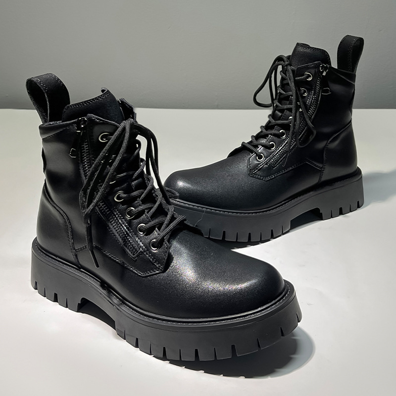 Trendy Martin boots men's motorcycle side zipper British style mid-top overalls boots black short boots 1133-Q