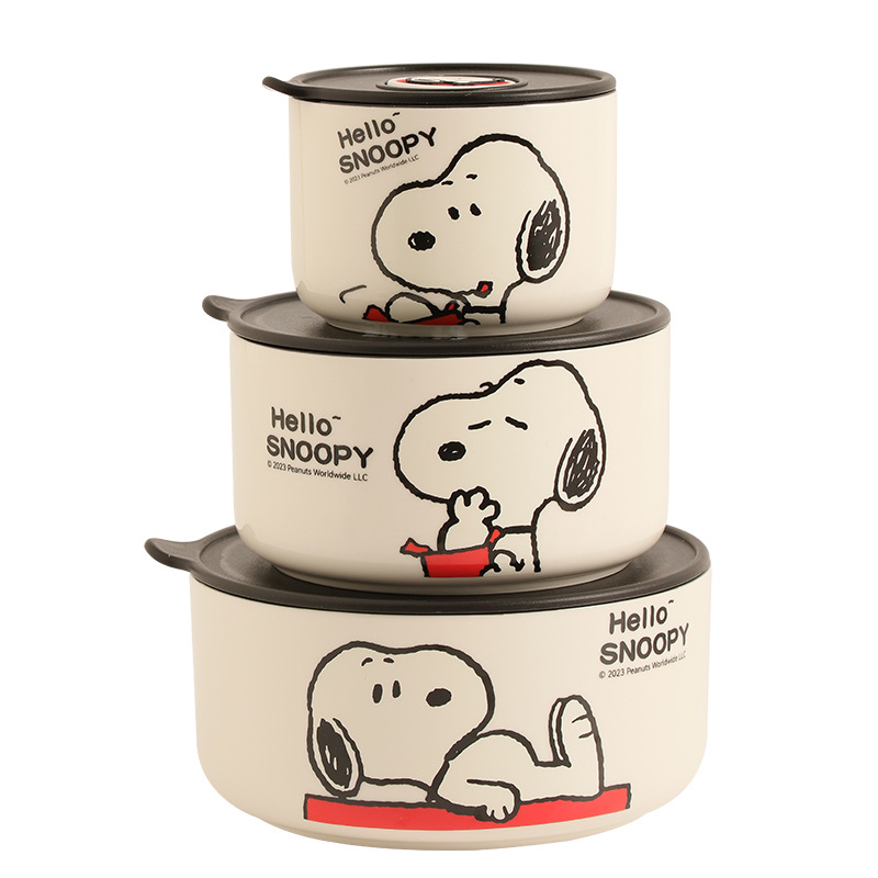 3-piece snoopy fresh-keeping bowl cartoon cute cute fresh-keeping box microwave oven snoopy ceramic lunch box wholesale