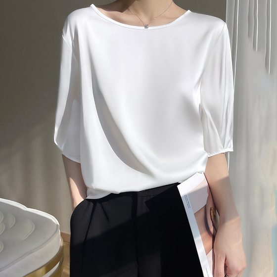 Breathable Silk Silk 2024 Spring and Summer New Women's Crewneck Loose Solid Color Acetic Satin All-match T-shirt Top