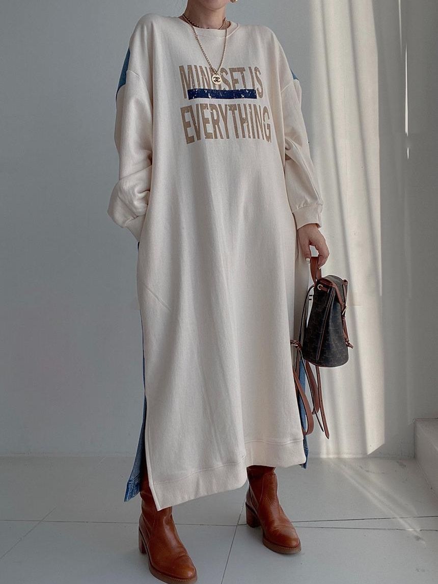 Korean-style Dongdaemun chic Casual All-match Letter Printing Stitching Denim Design Loose Long-sleeved Sweater Dress