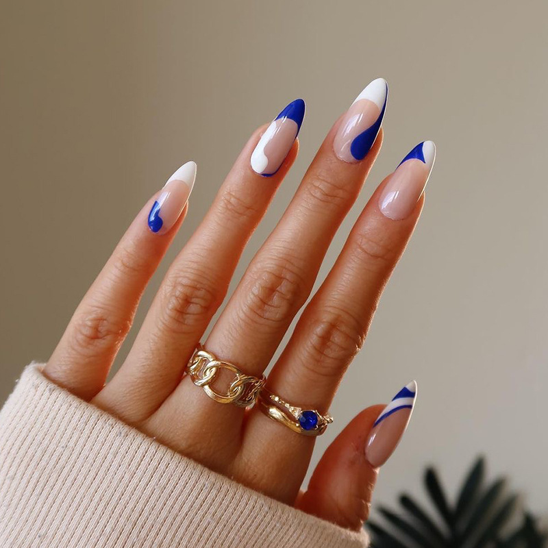 假指甲美甲貼片法式美甲藍白拼色穿戴甲成品False nail 跨境直供