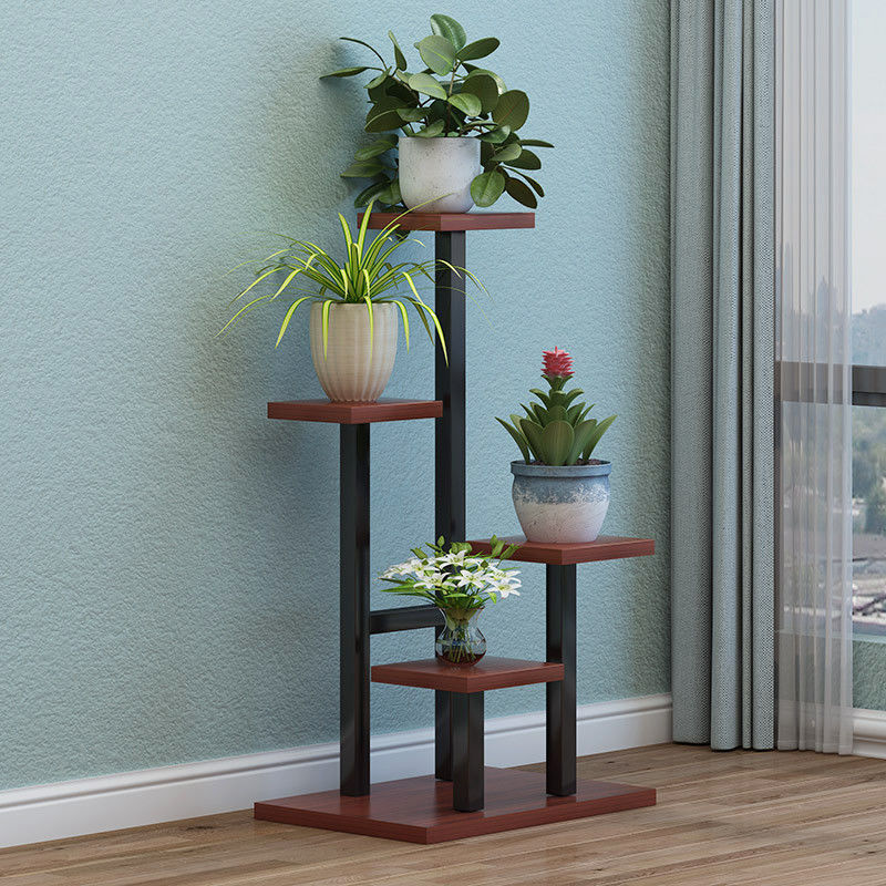 Balcony Wrought Iron Flower Shelf Living Room Decorative Flower Pot Rack Green Rose Floor-standing Flower Rack Indoor Multi-layer Steel and Wood Storage Rack