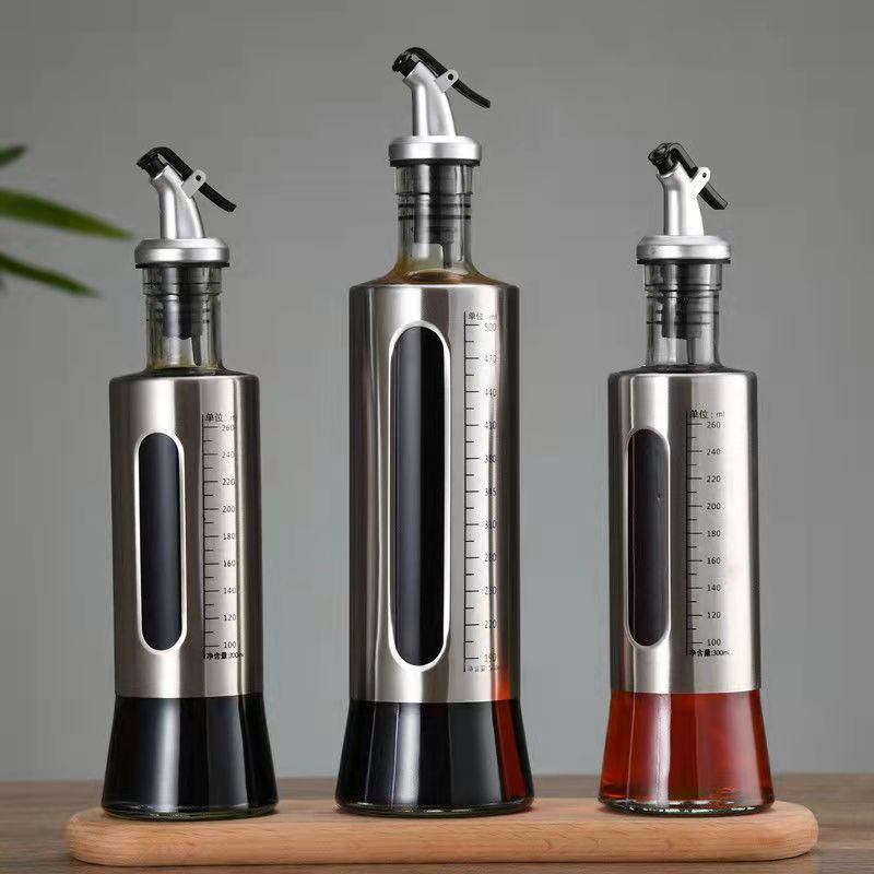 Graduated Glass Oil Bottle Oil Pot Stainless Steel Vinegar Bottle Wine Bottle Household Large Capacity Pot Kitchen Oil Control Pot