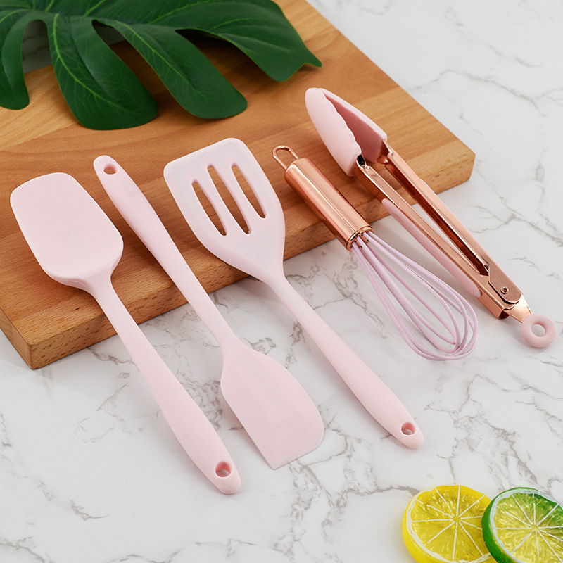 Mini silicone kitchenware set 5-piece one-piece silicone spatula food clip egg beater baking tool