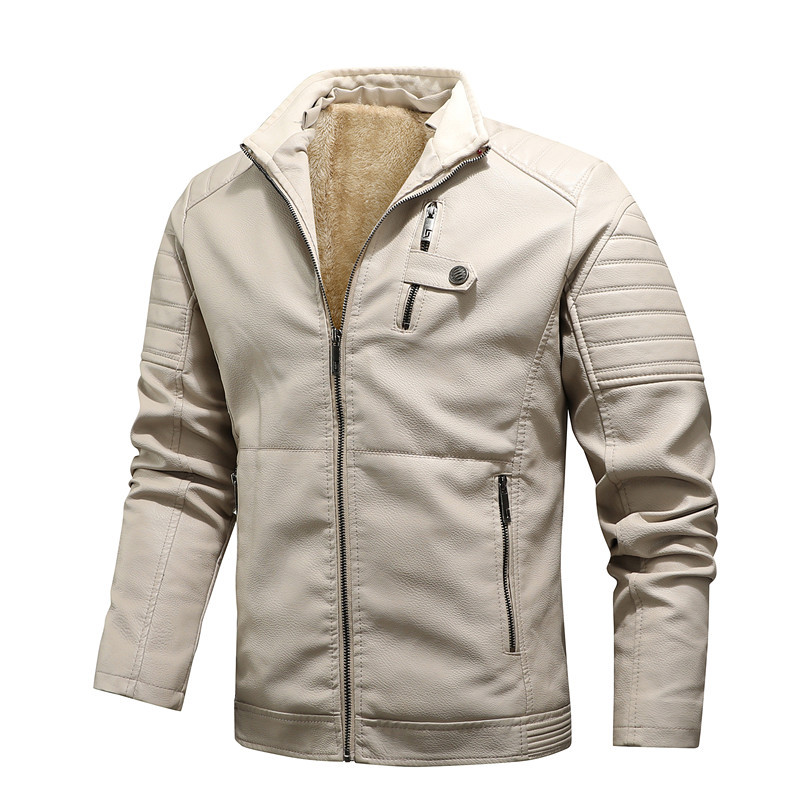 Autumn and Winter new men's fleece-lined leather coat men's youth casual stand collar men's workwear leather coat