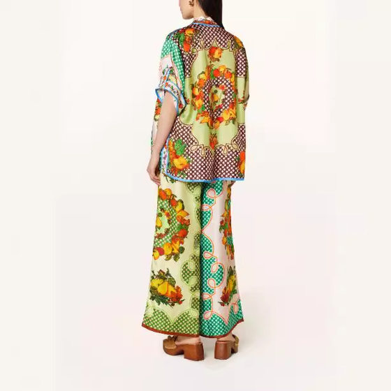Cross-border European and American women's clothing 2024 new fashion printed elastic waist pocket wide leg pants casual suit women's summer