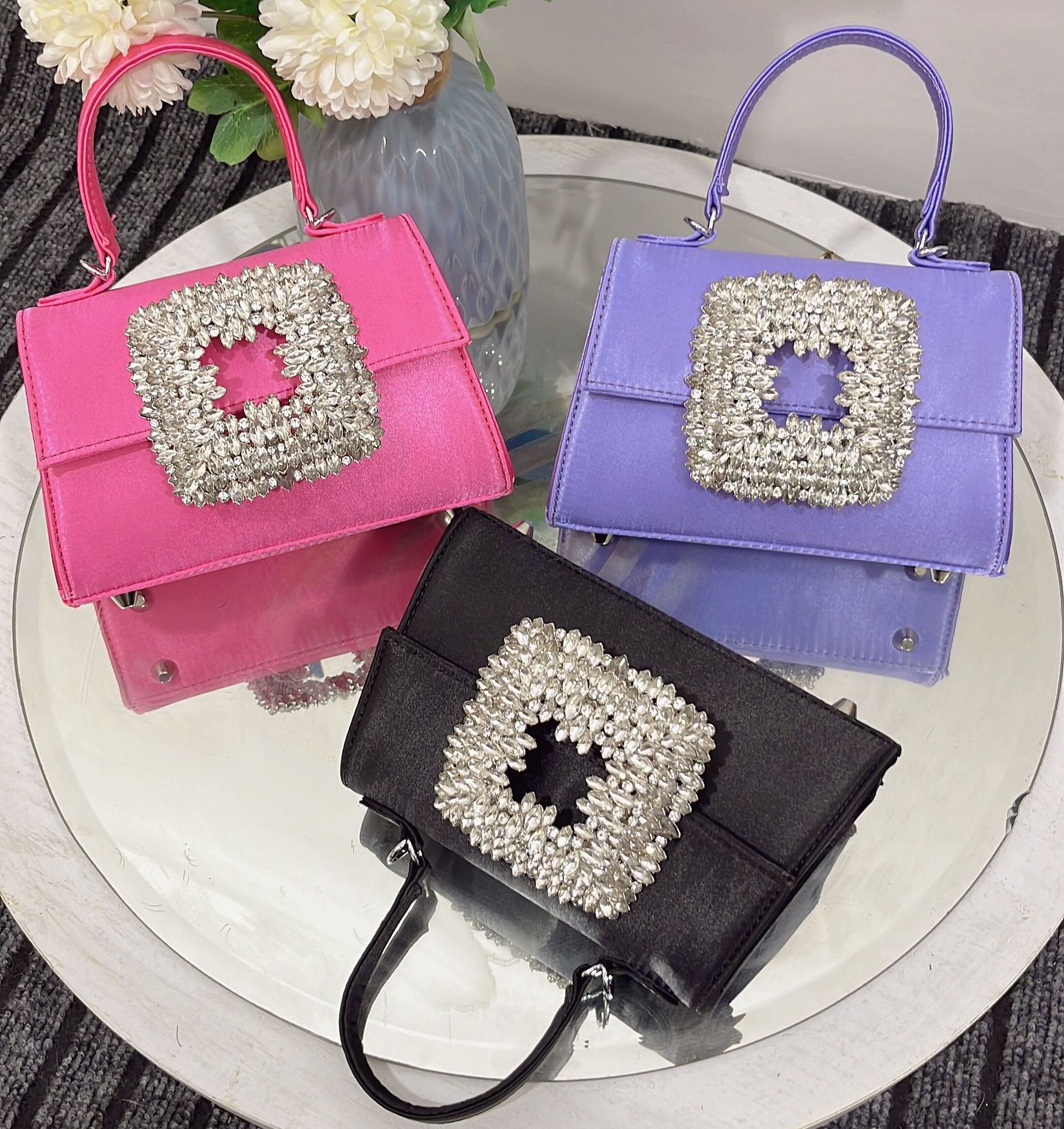 24 New Women's Bag bring Super Flash Diamond Small Square Bag Satin Square Rhinestone Fairy Bag Shoulder Crossbody Handbag