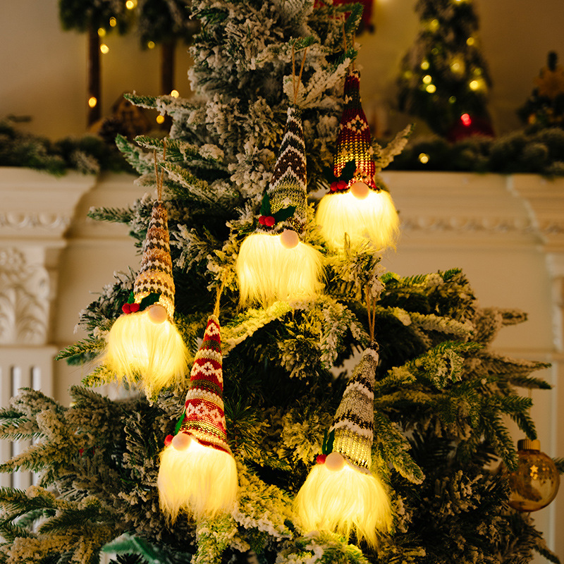 Christmas knitted hat with light faceless doll pendant atmosphere layout luminous old man little doll tree pendant_voghion.com