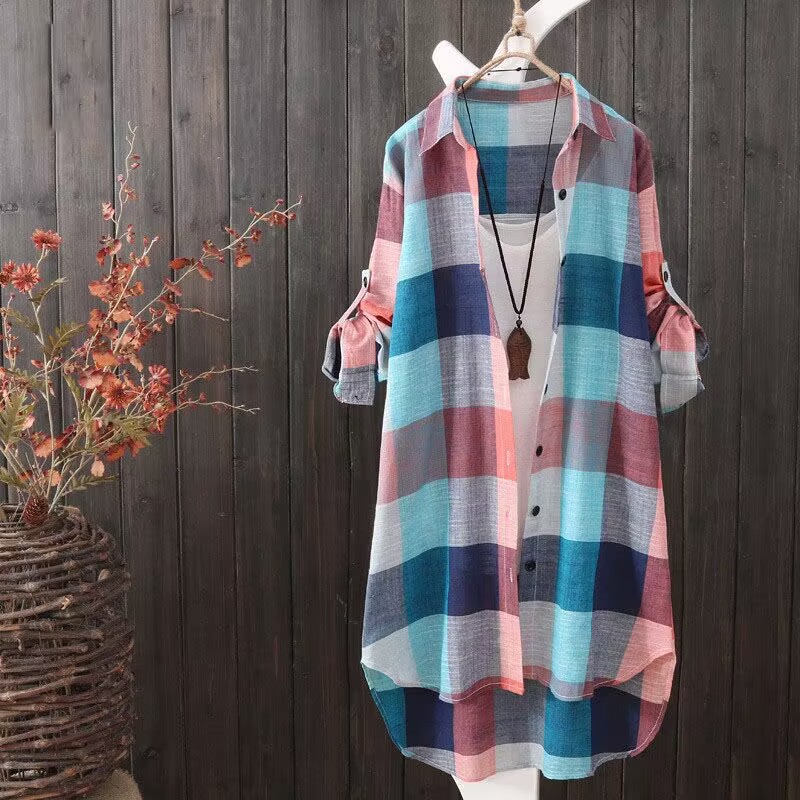 Women's sun protection clothing shirt Women's Mid-length plus size women's loose slimming fashionable plaid shirt women's casual coat