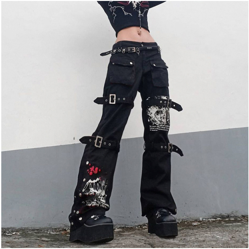 Street trendy cool style 2022 early autumn Amazon foreign trade European and American design printed metal button denim drooping trousers