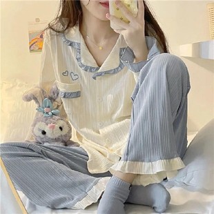 [Long Sleeve Pants] Foreign Trade ins Cross-border Korean Pajamas Women's Cardigan Sweet Simple Japanese Spring and Autumn