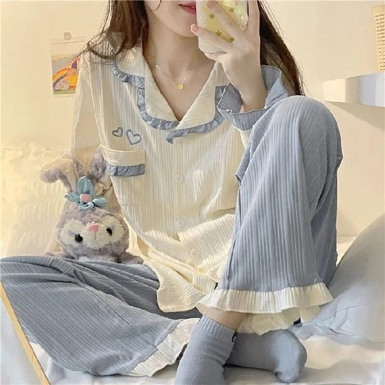 [Long Sleeve Pants] Foreign Trade ins Cross-border Korean Pajamas Women's Cardigan Sweet Simple Japanese Spring and Autumn