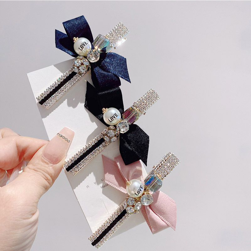 Rhinestone velvet black bangs clip high-grade side clip duckbill clip  style back head Pearl Rhinestone hairpin_voghion.com