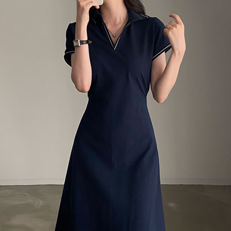 South Korea chic summer French retro POLO collar contrast color trim waist slimming short sleeve A- line dress women