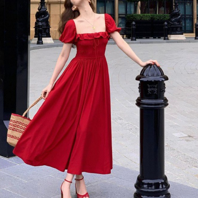 Wine noon homemade retro temperament age-reducing waist-slimming design long skirt trendy style retro square collar short sleeve dress