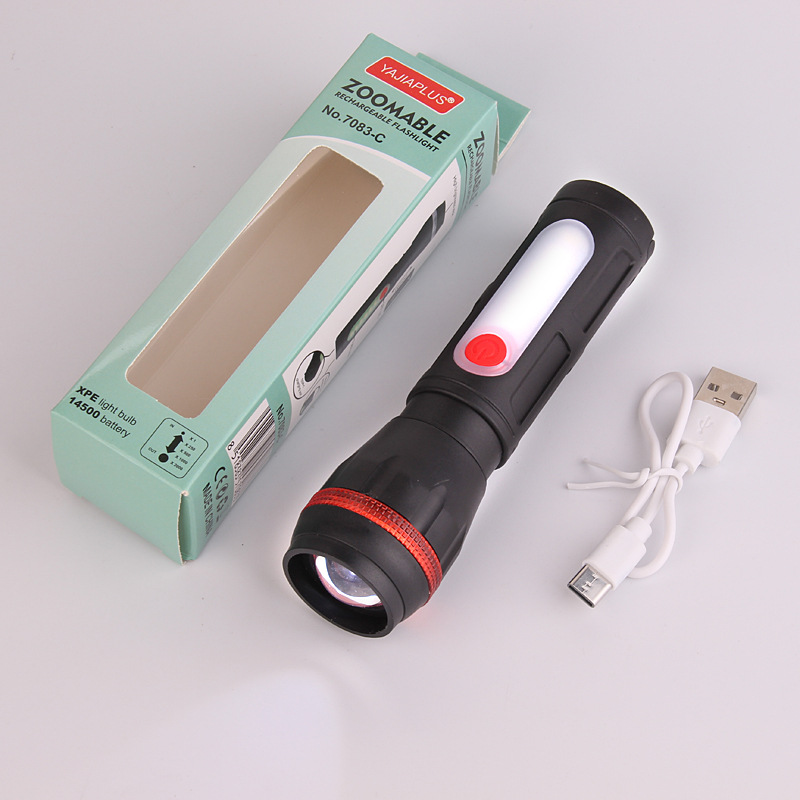 Outdoor strong light flashlight multifunctional zoom plastic emergency flashlight usb rechargeable camping stall lighting lamp
