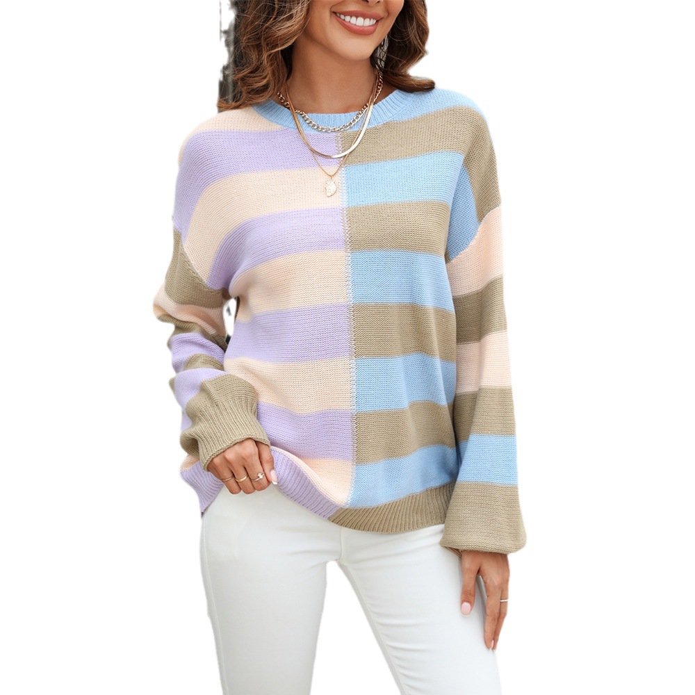 Autumn 2024 New European and American Foreign Trade Amazon Women's Stitching Stripe Color Contrasting Crewneck Knitwear Pullover Sweater