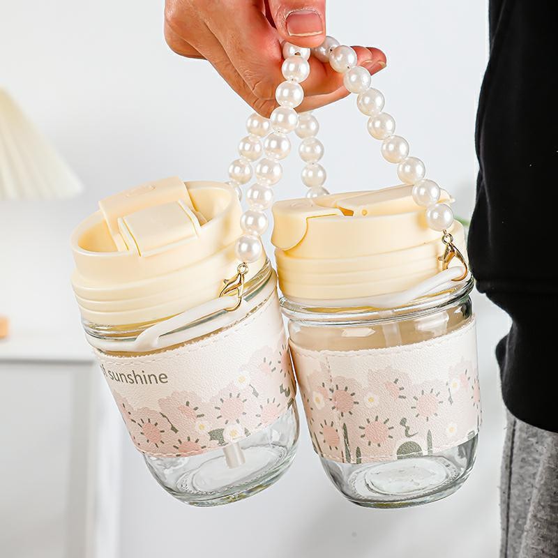 Creative Pearl Bracelet Double Drink Cup ins High Color Value Four Seasons Small Spring Breeze High Temperature Resistant Glass Suction Tube Cup Water Cup