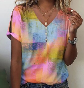 2023 New Fashion Flower Series 3D Printing V-Neck Button T-Shirt Top Daily Short Sleeve Foreign Trade Women's Clothing