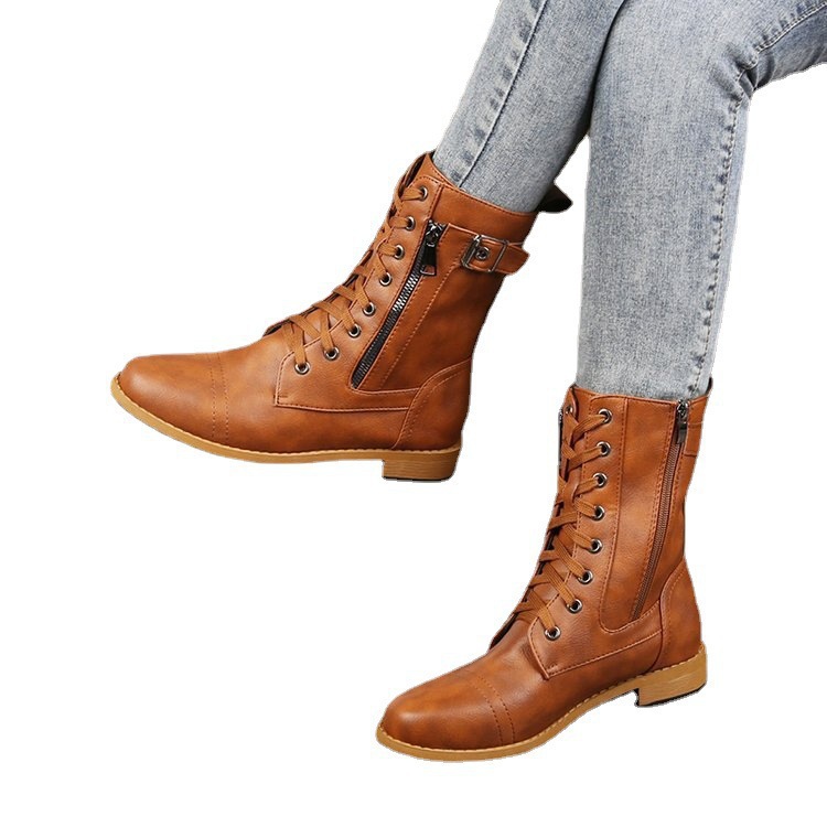 2022 New European and American Foreign Trade Large Size Round Head Thick Heel Lace-up Side Zipper Solid Color Low Barrel Ladies Martin Boots Spot