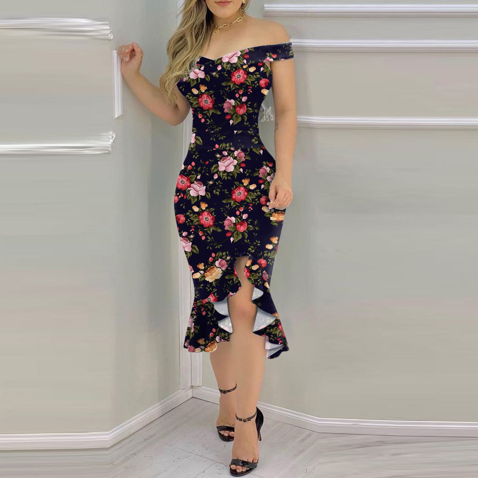 European and American foreign trade 2021 summer sexy off-shoulder non-positioning irregular tight hip printed dress spot