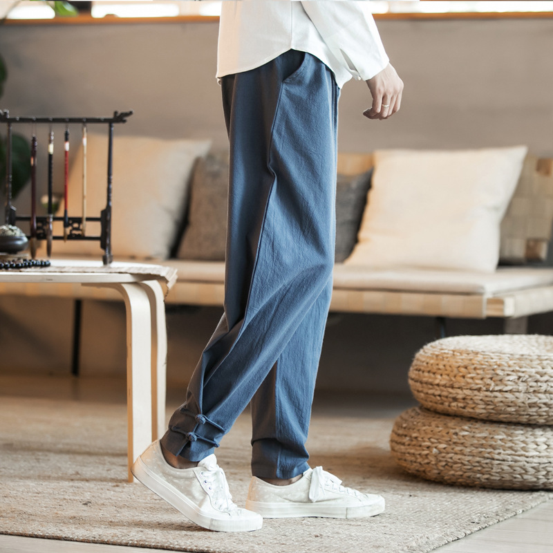 Spring and Summer Solid Color Cotton and Linen Buckle Ankle Pants Chinese Style Casual Trendy Japanese Style Men's Linen Pants