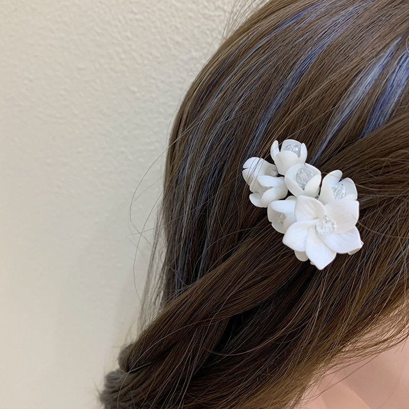 フレンチヴィンテージホワイトジャスミンの花のヘアクリップエレガントなニッチハイエンドの感触牧歌的なスタイルの結婚式の花嫁のサイドクリップ|undefined