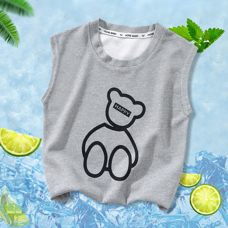 儿童小熊背心夏季薄款华夫格男童无袖T恤宝宝上衣童装一件代发
