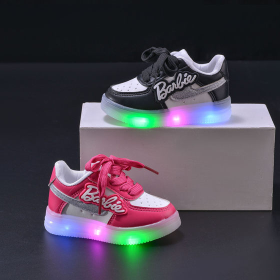 Girls' Letter Luminous Shoes 2024 Spring New Girls' Soft-soled sneaker-sided Casual Children's Lights Shoes