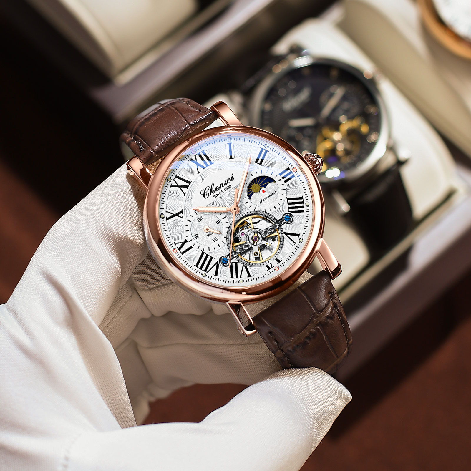 Dawn wholesale business men's high-grade automatic hollow flywheel luminous waterproof foreign trade cross-border mechanical watch men