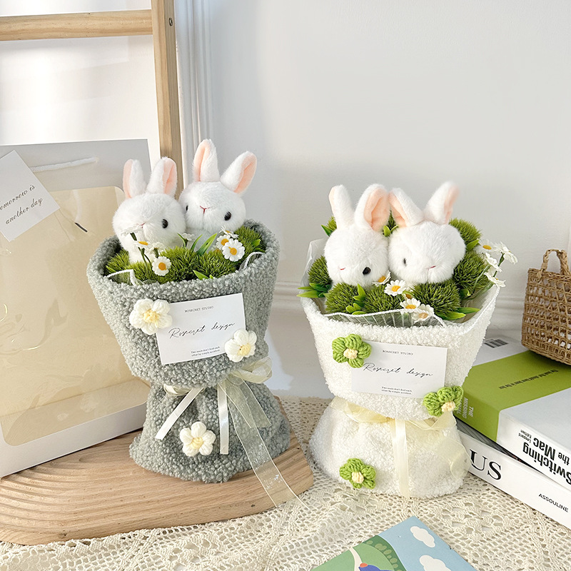 Online celebrity rabbit grass-eating doll plush bouquet Valentine's Day hand-woven bouquet with light for girlfriend
