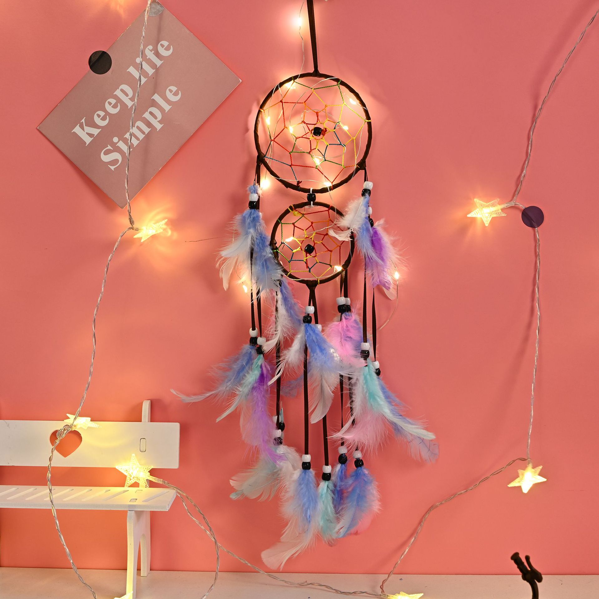 Creative double ring dream catcher home wall decoration pendant small fresh feather decoration car interior holiday gift