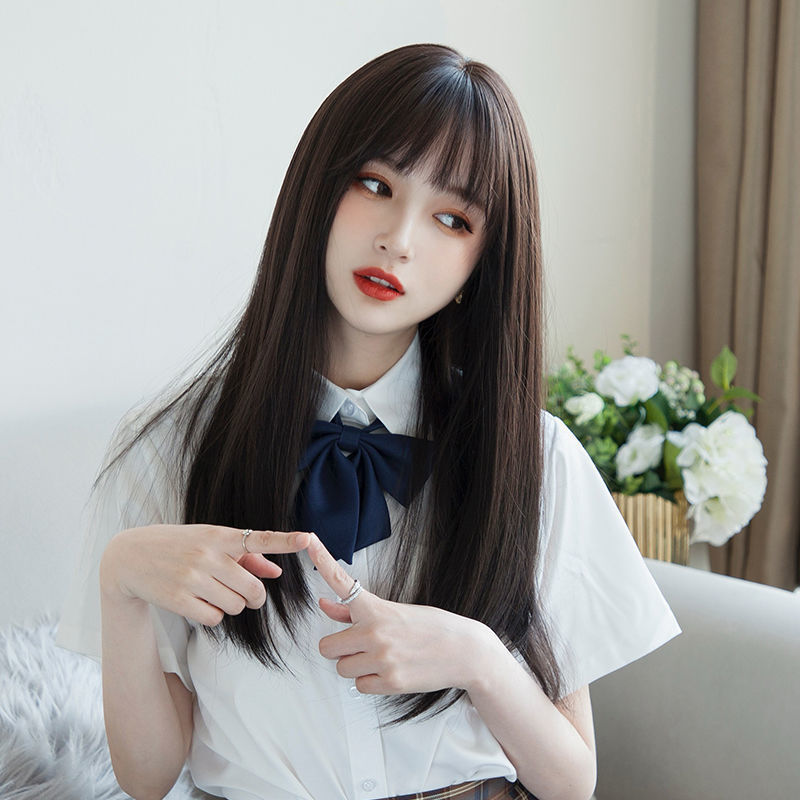 かつらの女性の中で長い髪の日本の丸い顔の空気の前髪の長いまっすぐな髪のかわいいjkの少女の自然なリアルな全体のカバー式|undefined
