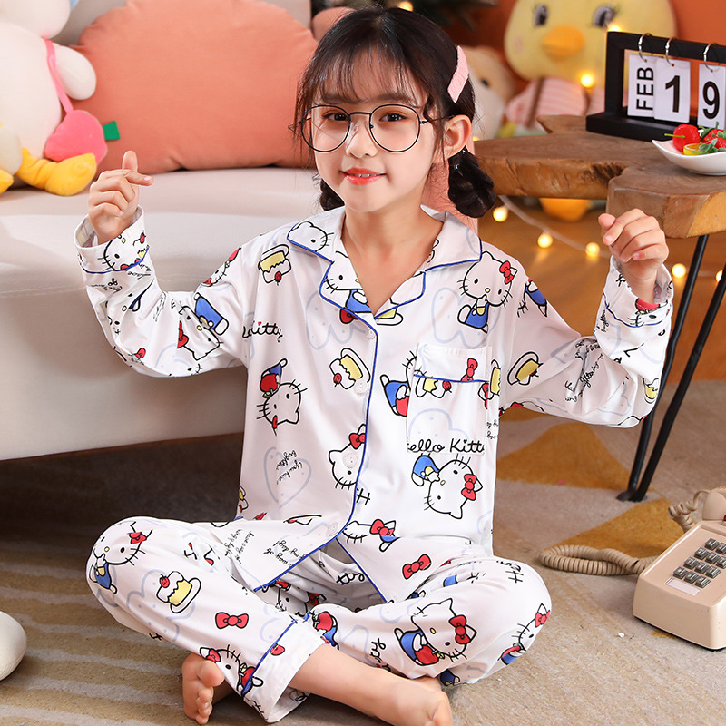 Southeast Asia Spring and Autumn Children's Pajamas Women's Imitation Cotton Cardigan Long Sleeve Cartoon Printed Sweet Home Clothes for Kids