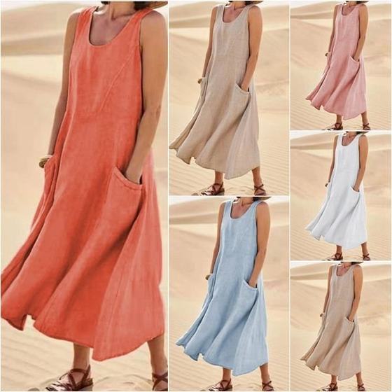 Amazon independent station wish2023 summer European and American foreign trade pocket sleeveless round neck Women's cotton and linen dress