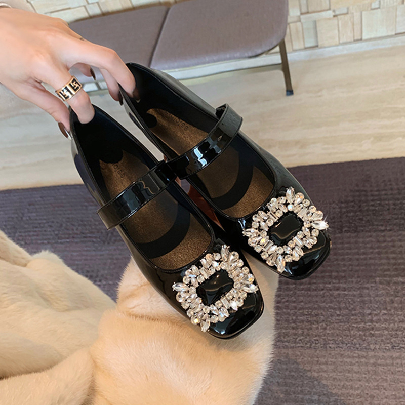 Rhinestone Square Buckle Mary Jane Shoes Women's 2022 Spring and Autumn New Patent Leather Flat Heel Shallow Mouth Sweet Chunky Heel Single-Layer Shoes
