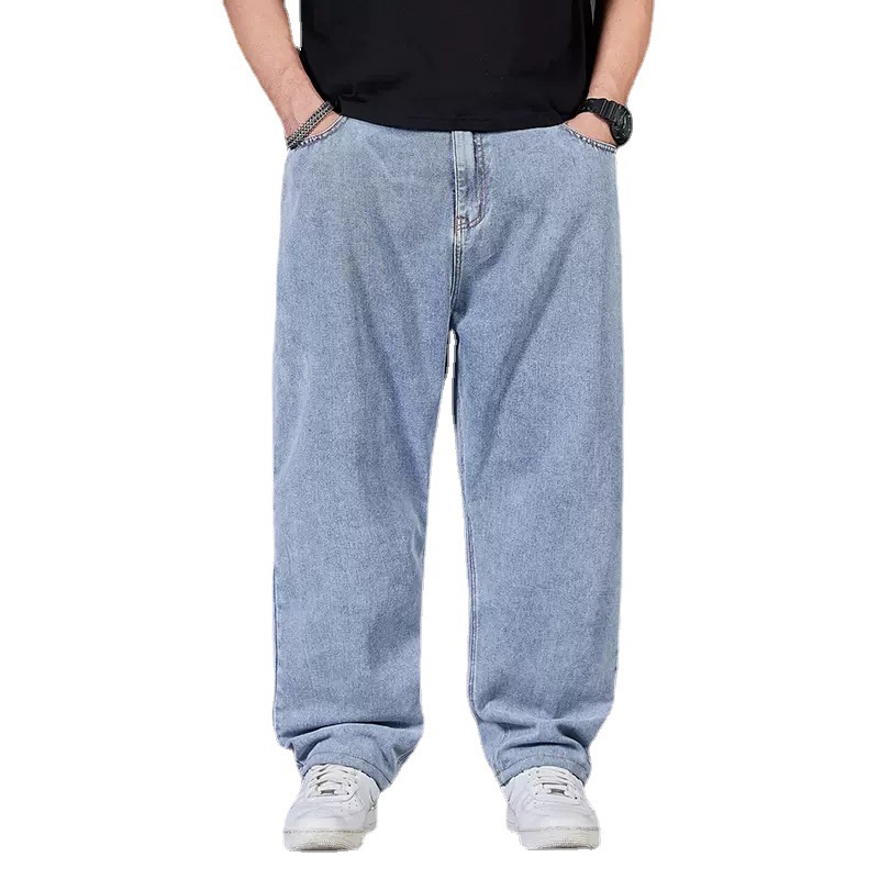 Plus size jeans men's autumn plus size men's pants loose straight fat guy wide leg elastic waist trousers