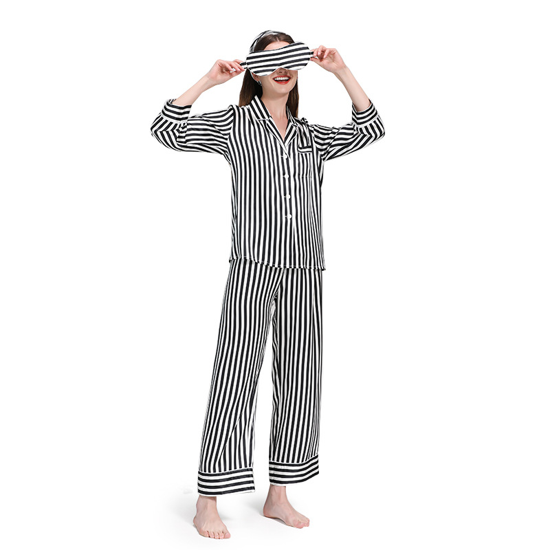 2023 Spring and Autumn Striped Silk Pajamas 100 Mulberry Silk 19 Mm Long Sleeve Trousers Silk Suit Women's Home Clothes