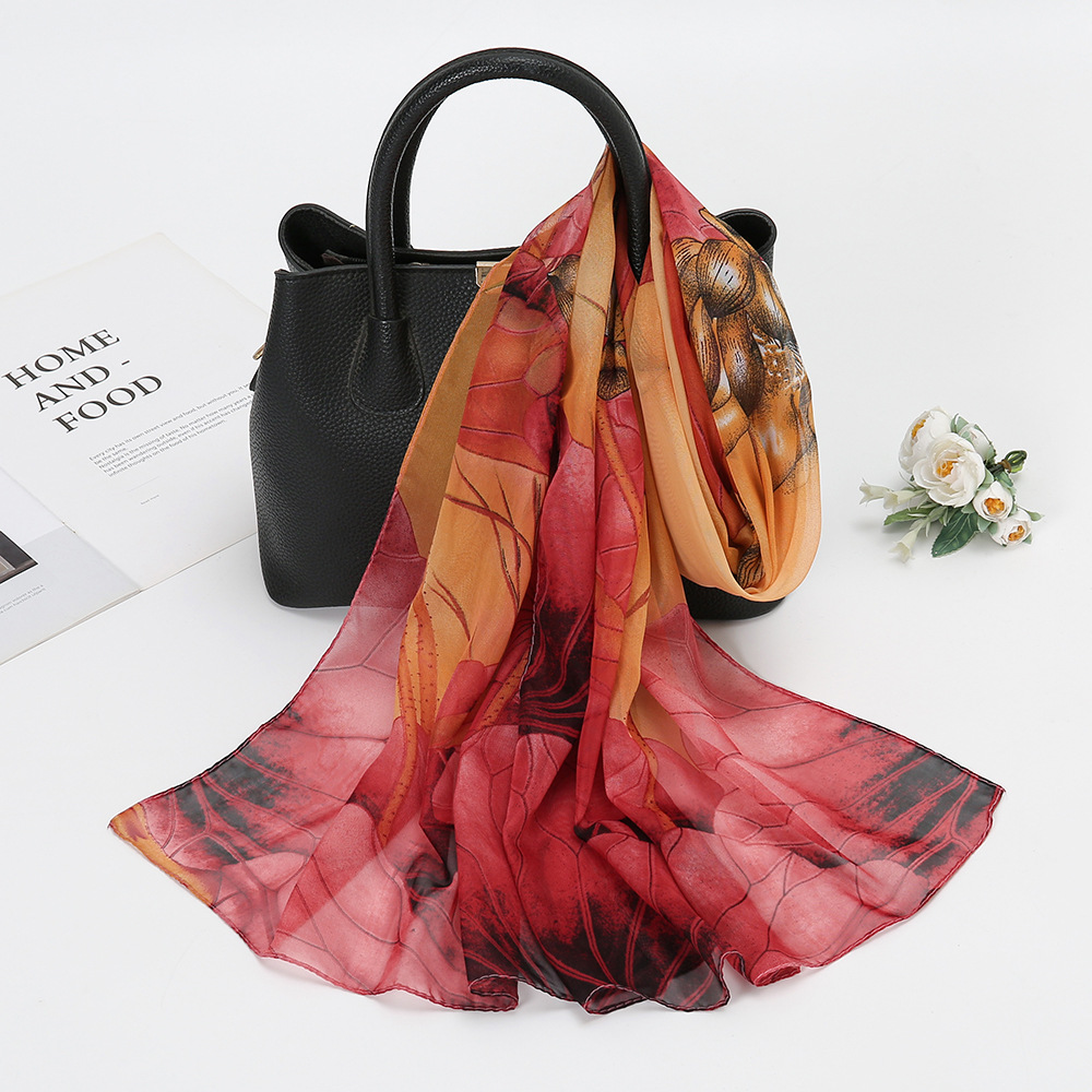 24 New Lotus Pond Moonlight Printed Silk Scarf Thin Chiffon Sunscreen Scarf Travel Shawl Beach Towel Women XQ373