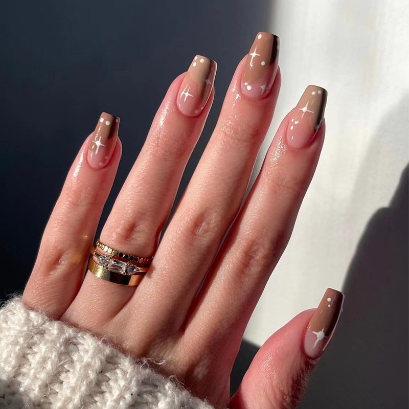 指甲贴片批发棕色法式 穿戴甲白色星芒点点指甲片 press on nails