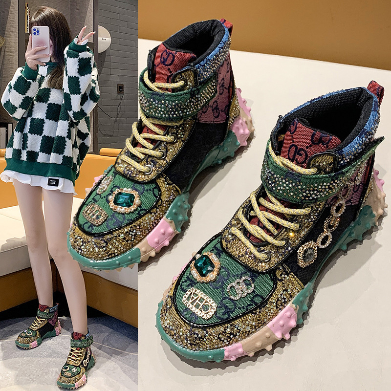 Europe Station 2024 Early Spring New Durian Water Diamond Studded Dad Shoes for Women, Ins Trendy Diamond-Studded Single Shoes with Thick Soles