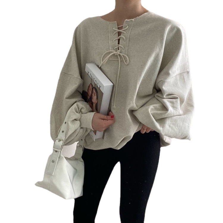 South Korea chic autumn and winter New retro lace-up pullover lantern sleeve sweater loose age-reducing top women's all-match niche