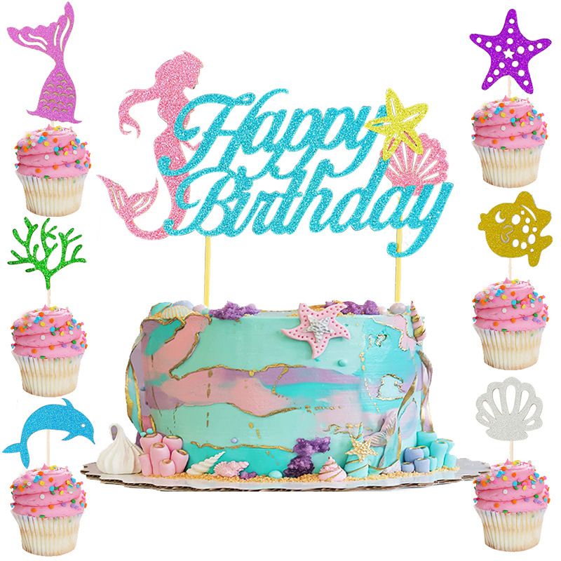 Mermaid Princess Party Decoration Card Starfish Dessert Table Plug-in Birthday Party Fishtail Cake Plug-in