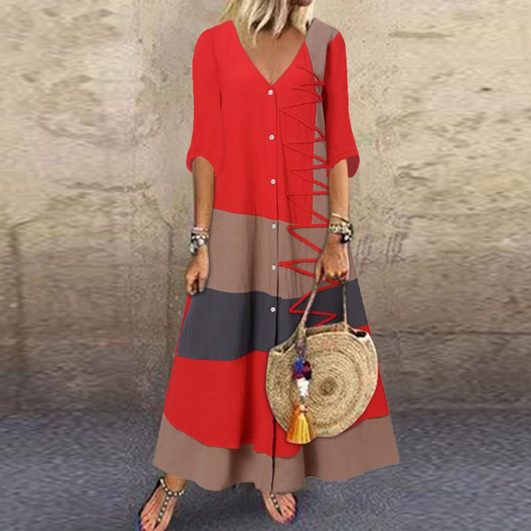 European and American Summer New Amazon Independent Station wishV Collar Short Sleeve Printed Long Dress with Buttons Casual Dress