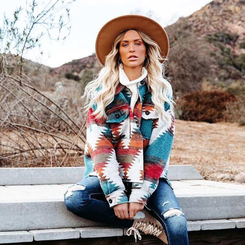 European and American cross-border autumn and winter AZTEC retro ethnic style geometric printed woolen loose multi-color coat female Amazon