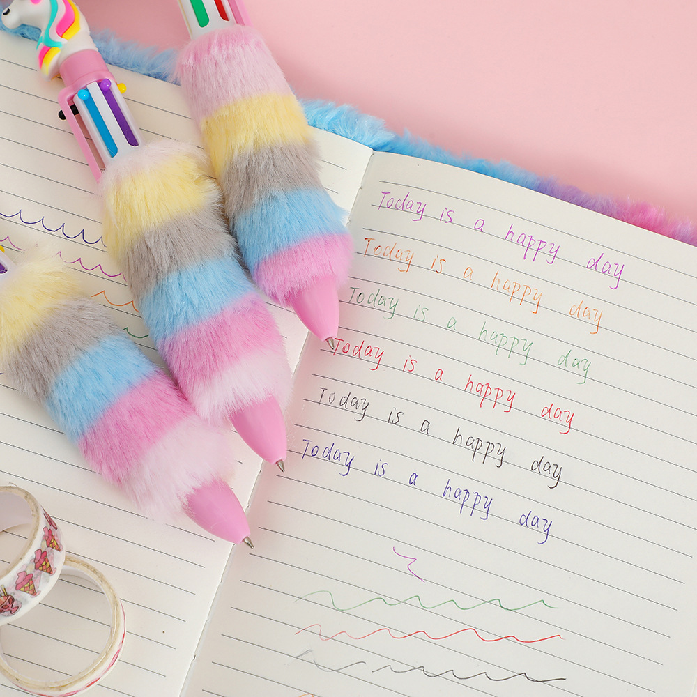 2025 New Girl Cartoon Unicorn Plush Ballpoint Pen for Kids, Cute Six-Color Push-Button Stationery Notebook Pen