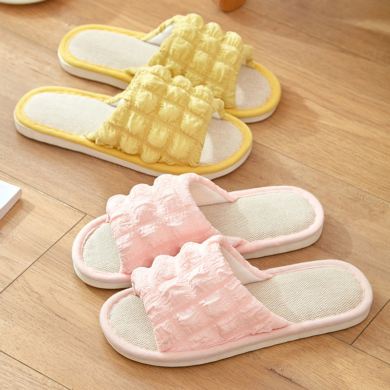 Linen Slippers Small Puffs Indoor Household Cotton and Linen Slippers Spring and Autumn Four Seasons Women's Breathable Sweat-Absorbing Floor Slippers