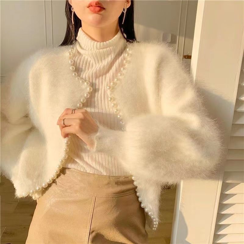Spring and Autumn faux mink wool knitted top women's loose lazy style lantern sleeve beaded pearl Edge sweater coat cardigan