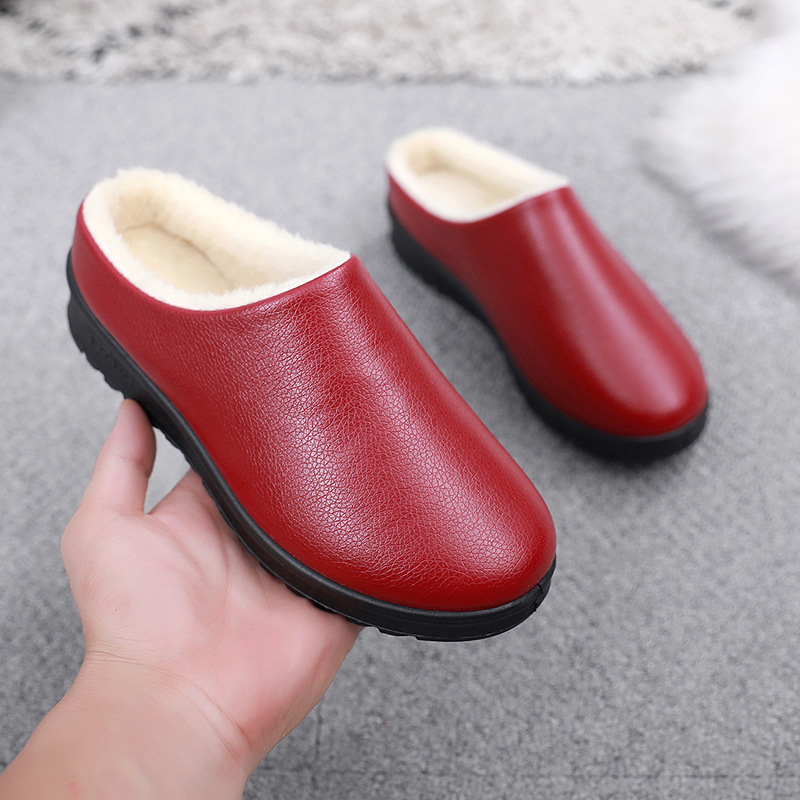 Winter New Women's Fleece-lined Warm Non-slip Lazy Slip-on Indoor and Outdoor Home Waterproof PU Cotton Slippers